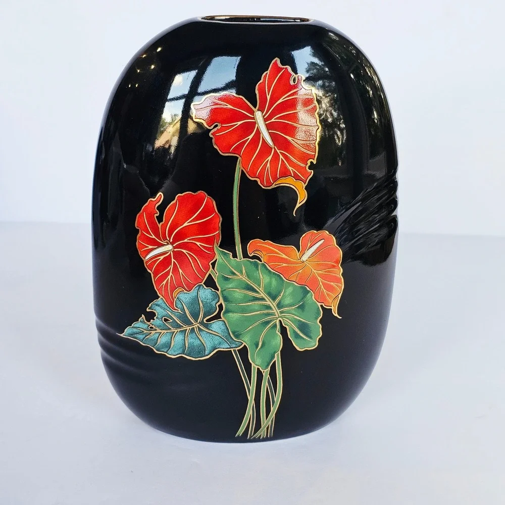 Vintage Toyo Japan Black Ceramic Anthurium Floral Vase Gold Trim MCM Decor